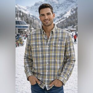 Columbia PFG Men’s Vented Fishing Shirt M – Yellow Gray Plaid, Breathable Mesh